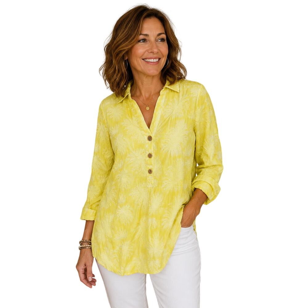 Soft Surroundings Yellow Embroidered Tunic Top Women Medium Boho Cotton Floral